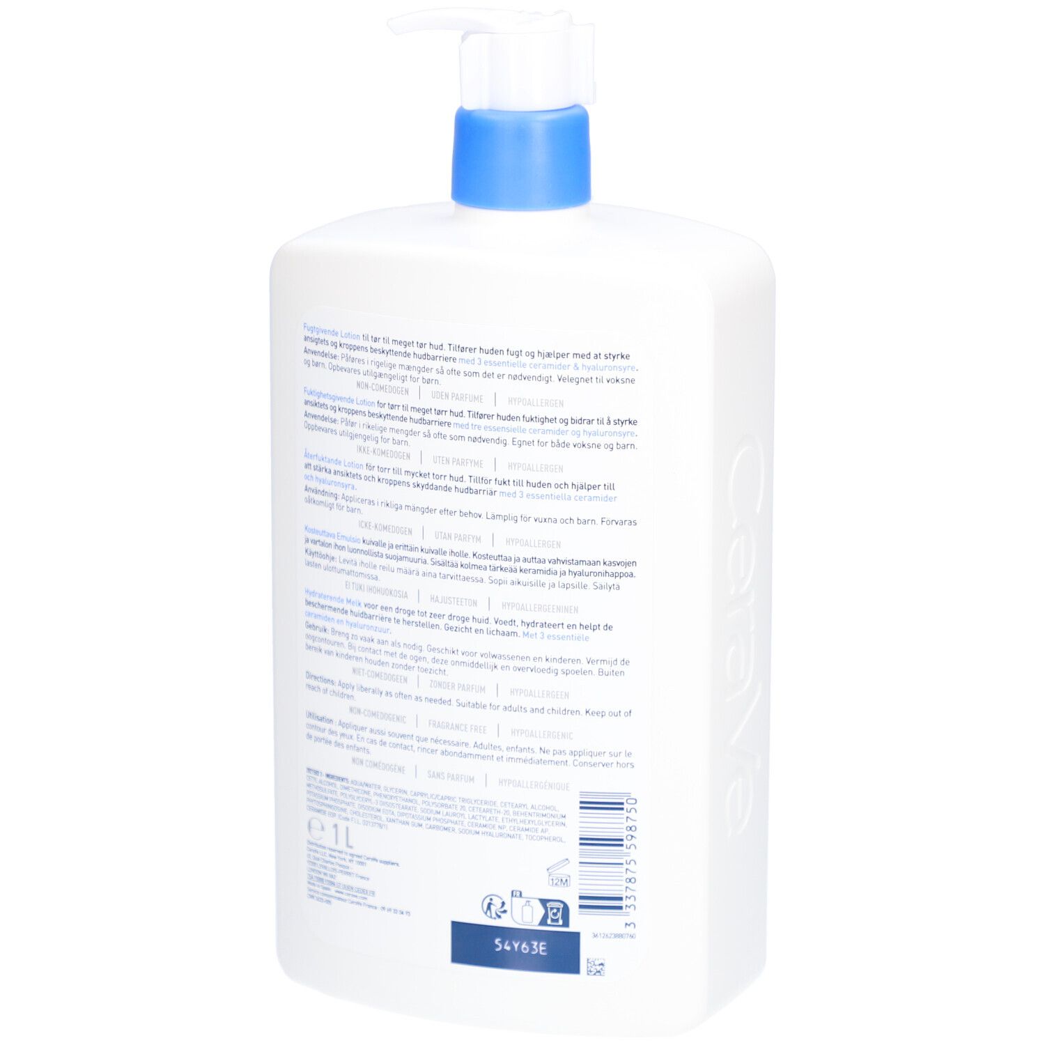 Achterkant van de witte fles. Meertalige tekst. Opschrift: CeraVe. Streepjescode.