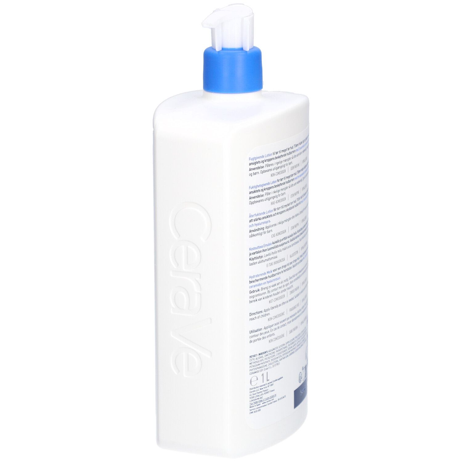 Achterkant van de witte fles. Meertalige tekst. Opschrift: CeraVe. Zijaanzicht.