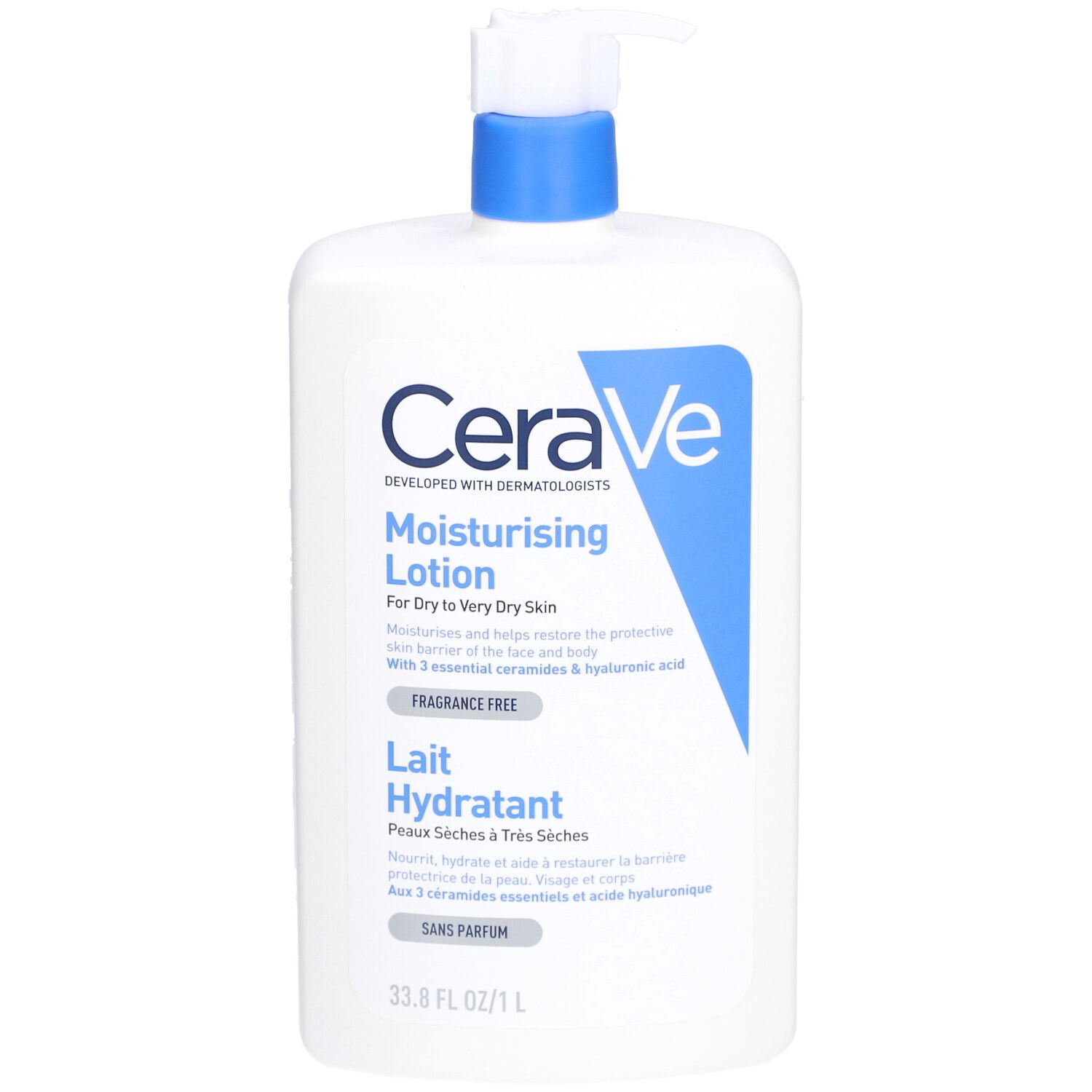 Witte fles met blauwe pomp. Opschrift: CeraVe, Moisturising Lotion. Voor droge tot zeer droge huid.