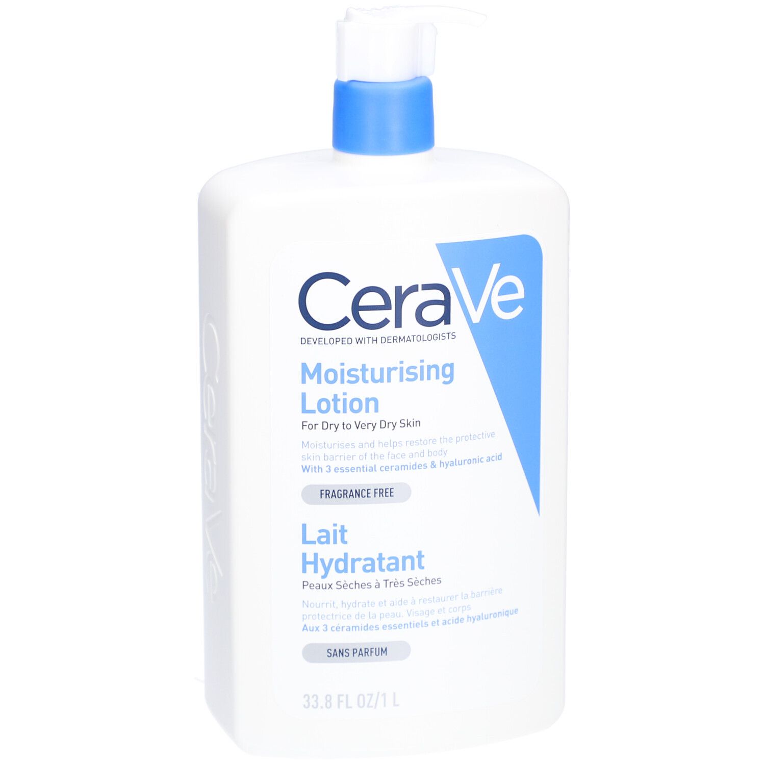 Witte fles met blauwe pomp. Opschrift: CeraVe, Moisturising Lotion. Voor droge tot zeer droge huid.