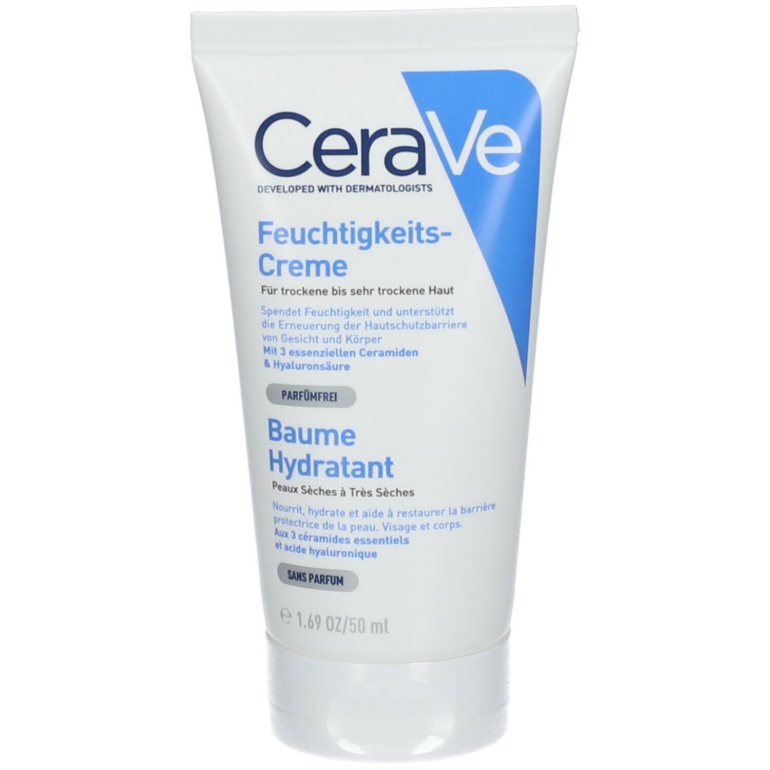 CeraVe hydraterende crème tube. Wit, blauw. Tekst: Hydraterende crème, parfumvrij. 50 ml.