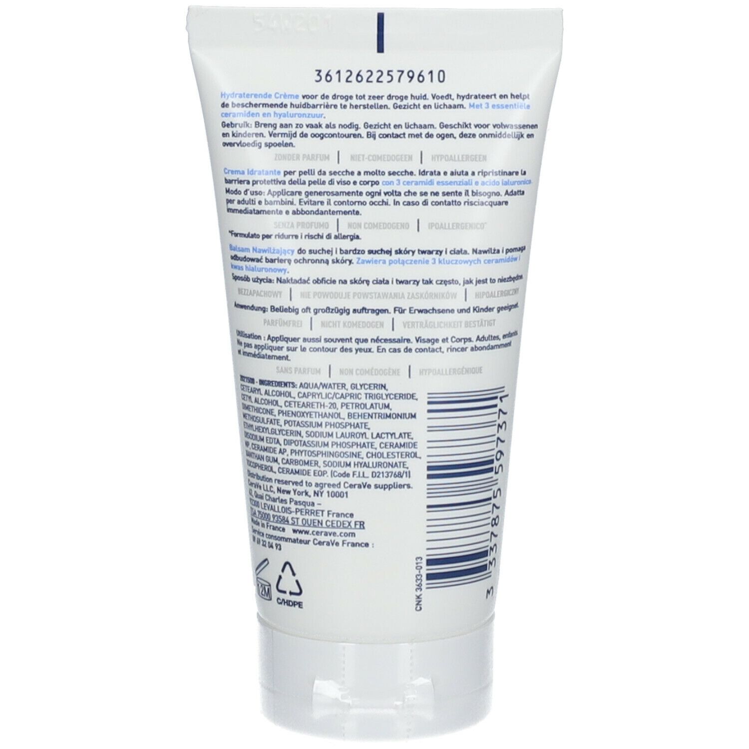 Achterkant van de CeraVe hydraterende crème tube. Tekst: Ingrediënten, batchnummer, fabrikantinfo.