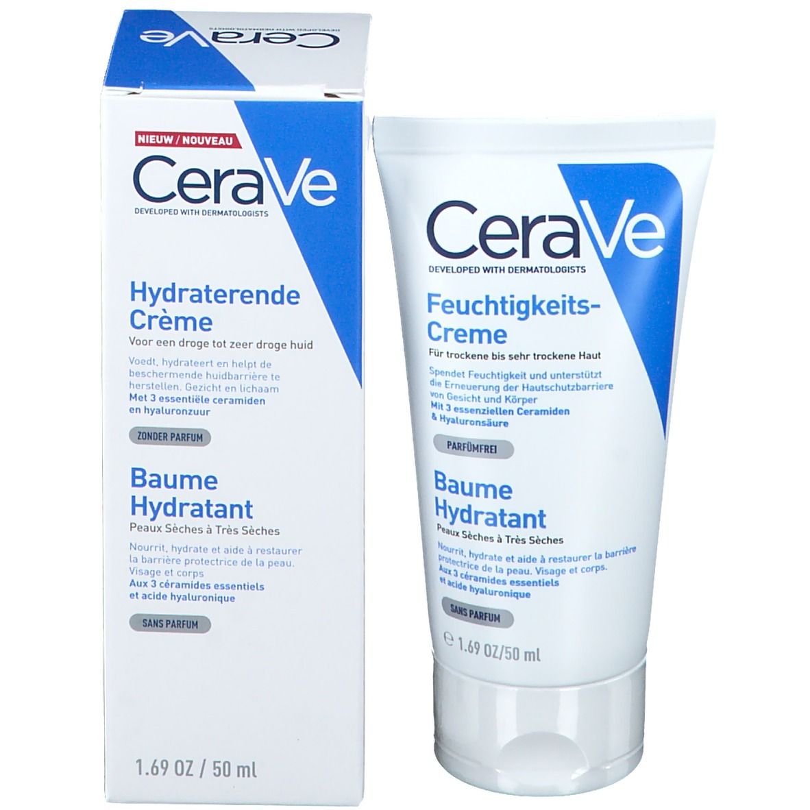 CeraVe hydraterende crème en verpakking. Wit, blauw. Tekst: Hydraterende Crème, Feuchtigkeitscreme, 50 ml.
