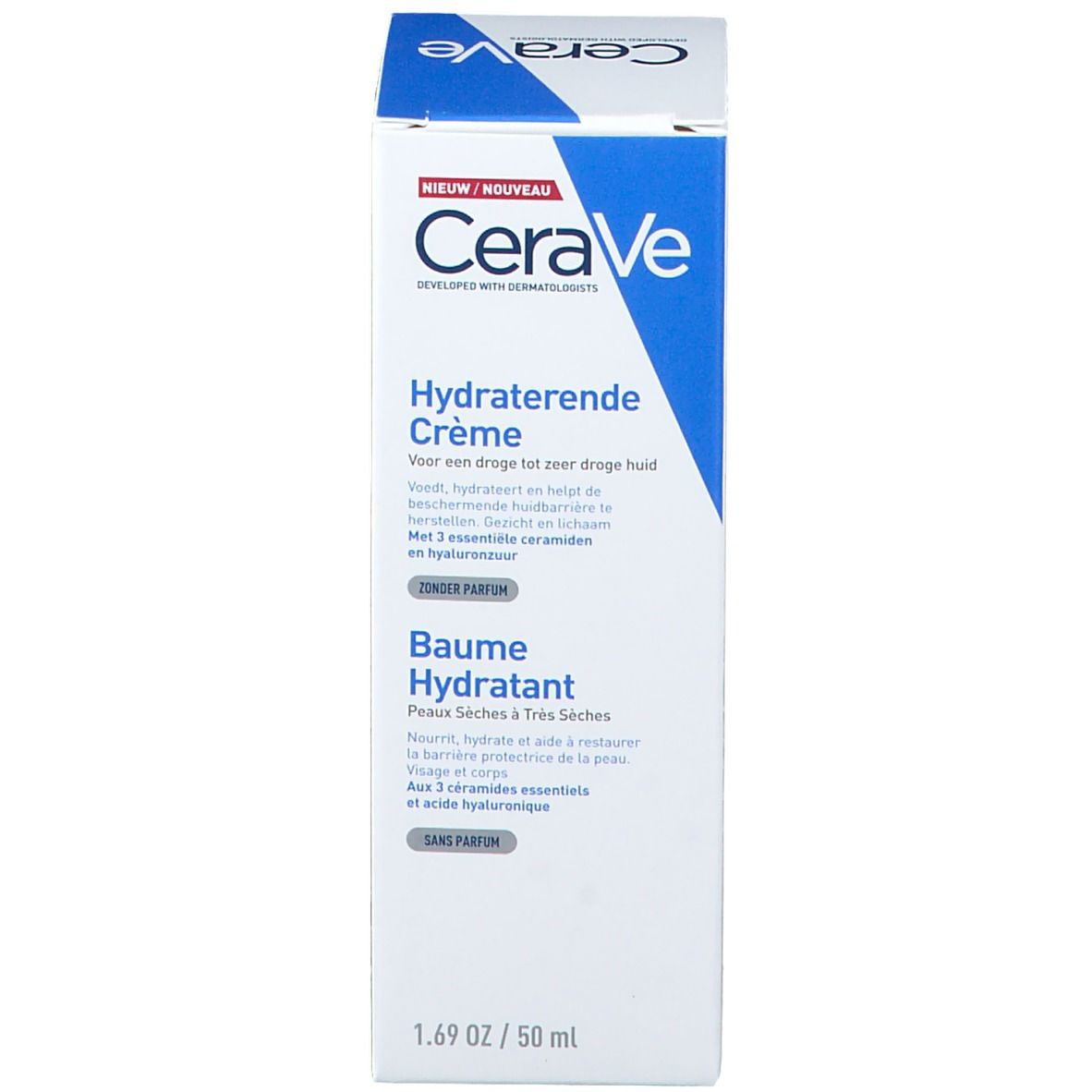 CeraVe Hydraterende Crème verpakking. Wit, blauw. Tekst: Hydraterende Crème, 50 ml.
