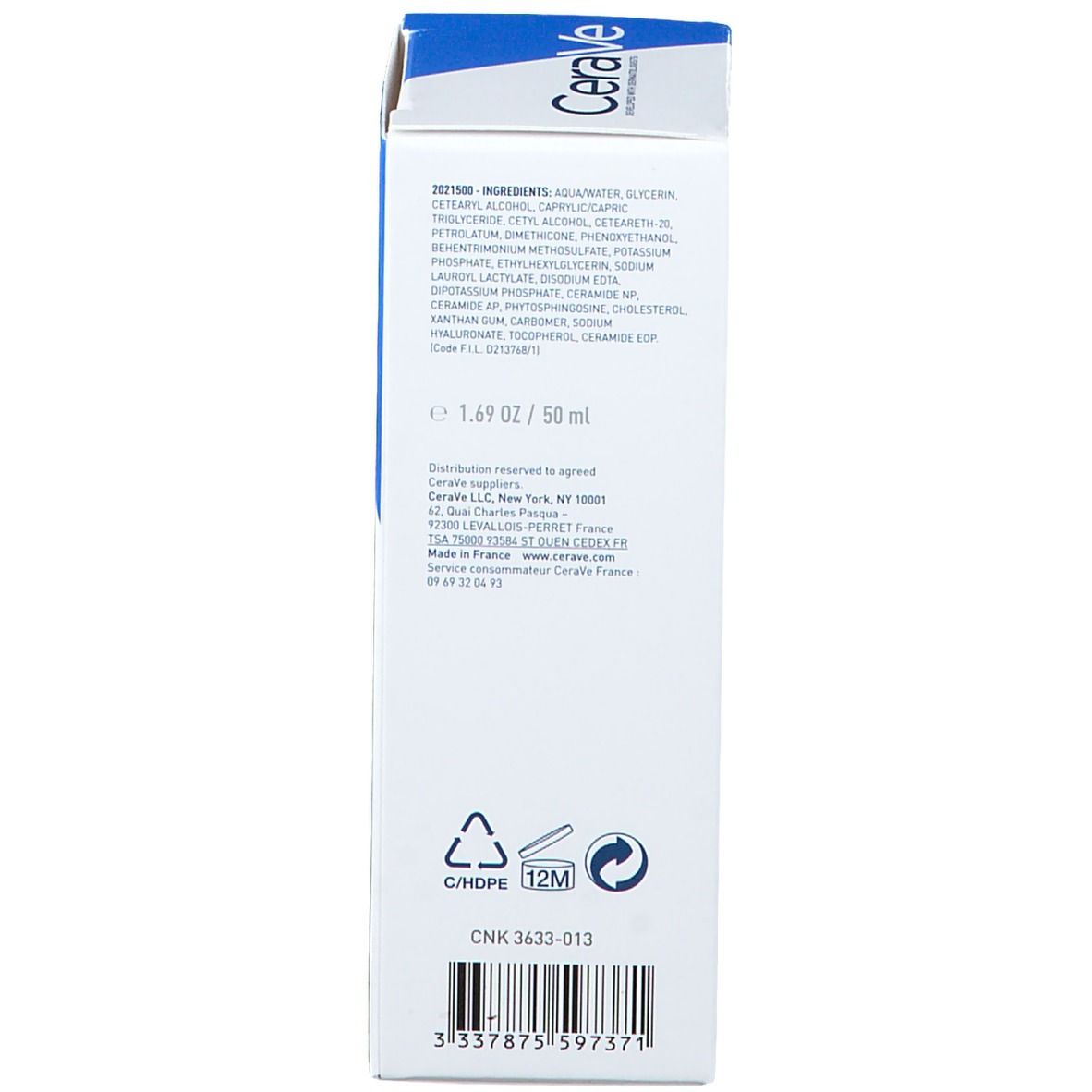 Zijkant van de CeraVe Hydraterende Crème verpakking. Tekst: Ingrediënten, batchnummer, fabrikantinfo.