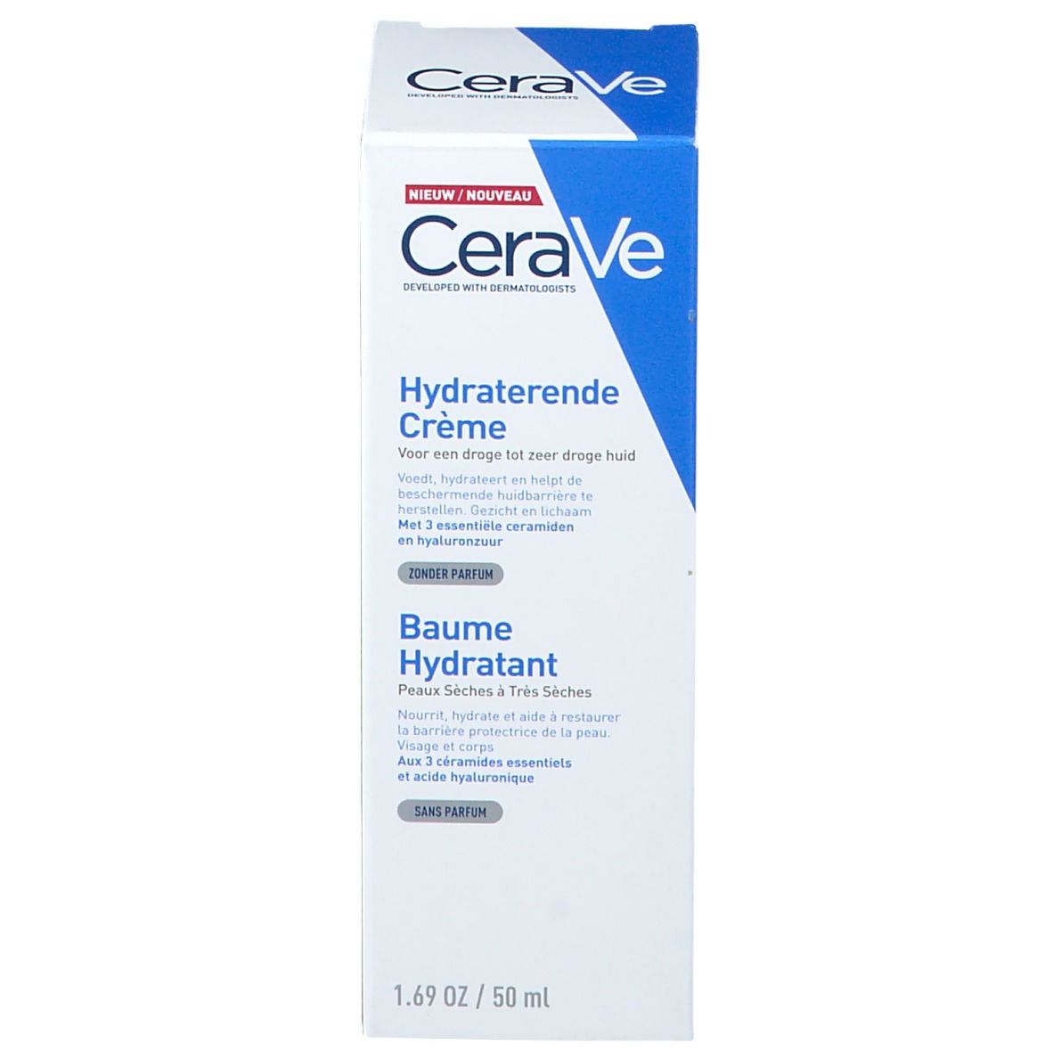 CeraVe Hydraterende Crème verpakking. Wit, blauw. Tekst: Hydraterende Crème, 50 ml.