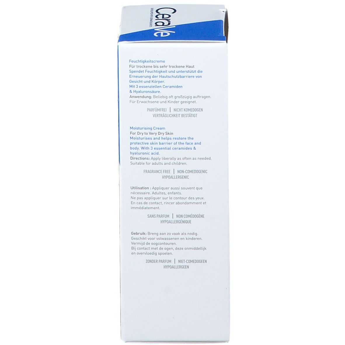 Zijkant van de CeraVe Hydraterende Crème verpakking. Tekst: Gebruik, ingrediënten, fabrikantinfo.