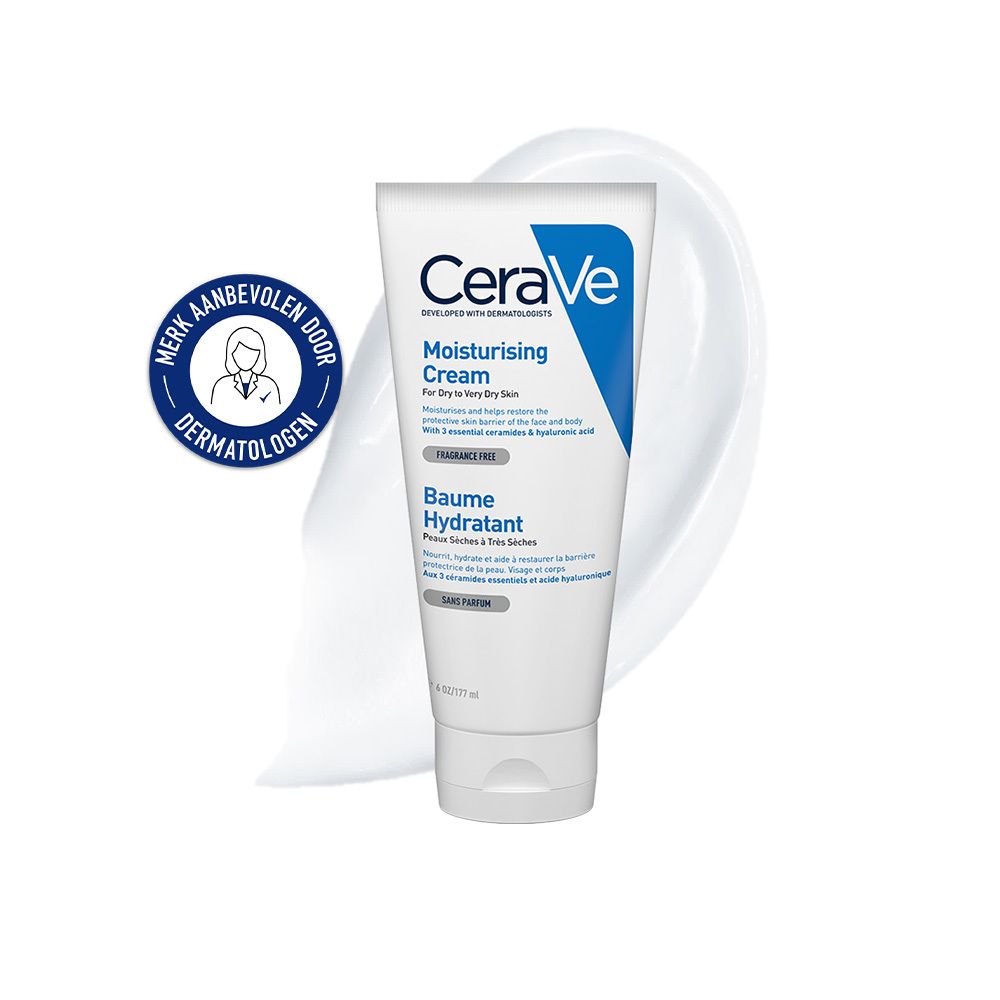 Witte tube CeraVe Moisturising Cream. Tekst: Baume Hydratant. Aanbevolen door dermatologen.