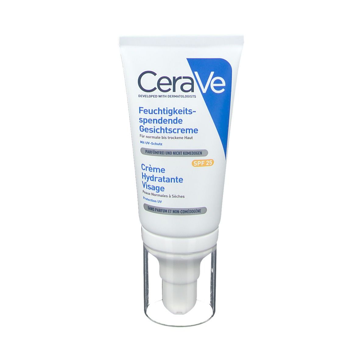 CeraVe Crème Hydratante Visage, tube avec pompe. Contient SPF 25. Texte en allemand et français.