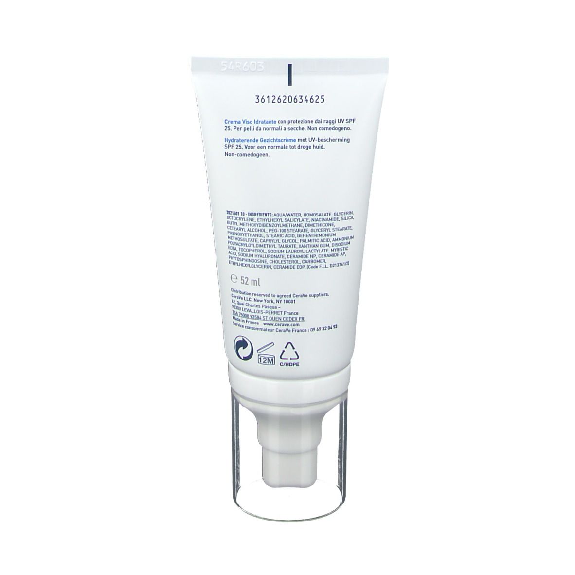 Dos du tube CeraVe Crème Hydratante Visage. Ingrédients et instructions. 52 ml.