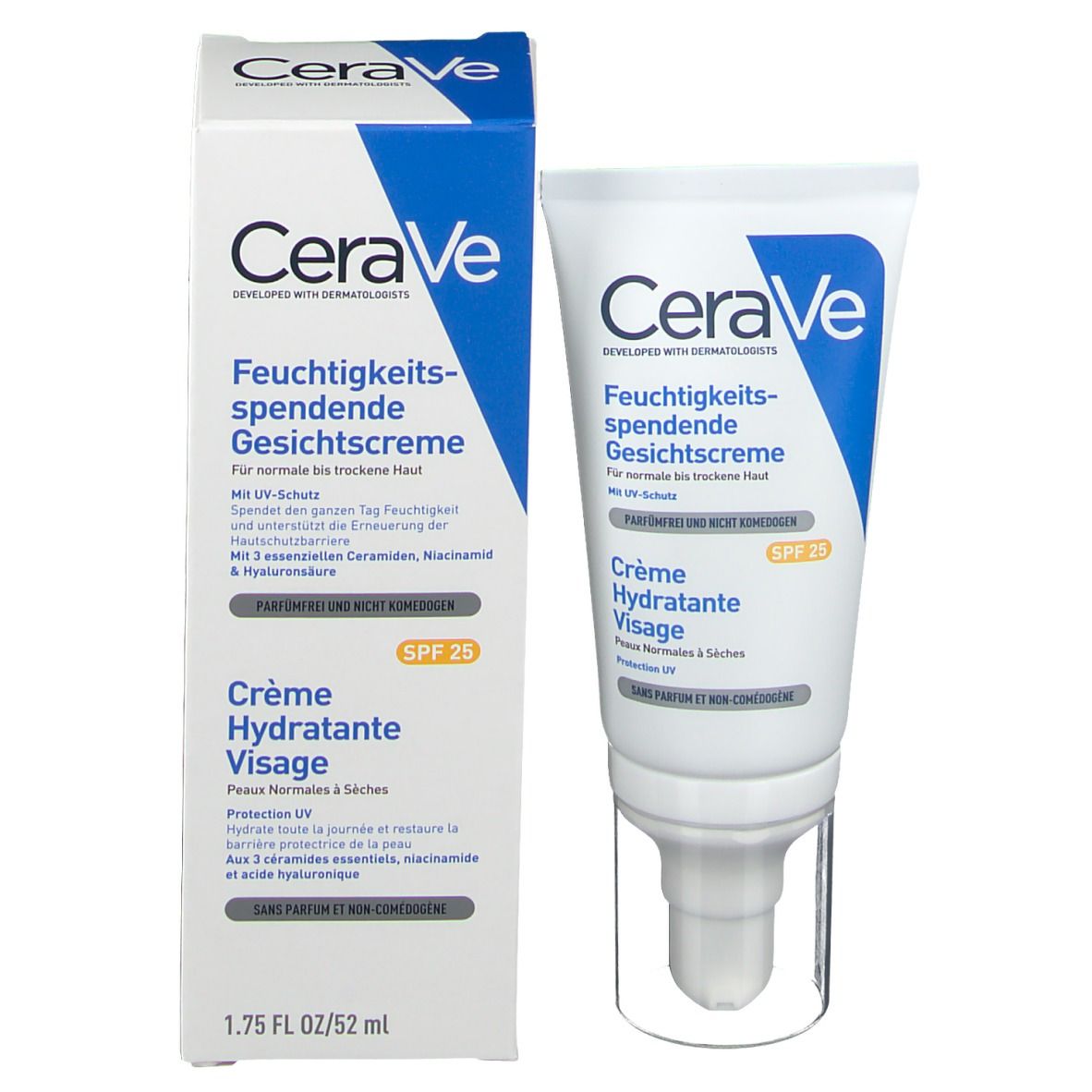 CeraVe Crème Hydratante Visage, tube et emballage. Contient SPF 25. Texte en allemand et français. 52 ml.