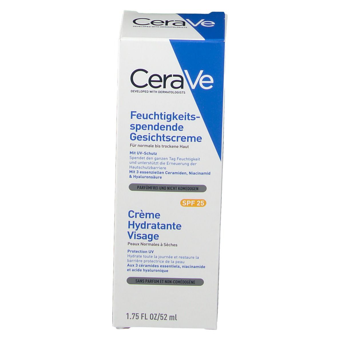 Emballage CeraVe Crème Hydratante Visage. Contient SPF 25. Texte en allemand et français. 52 ml.