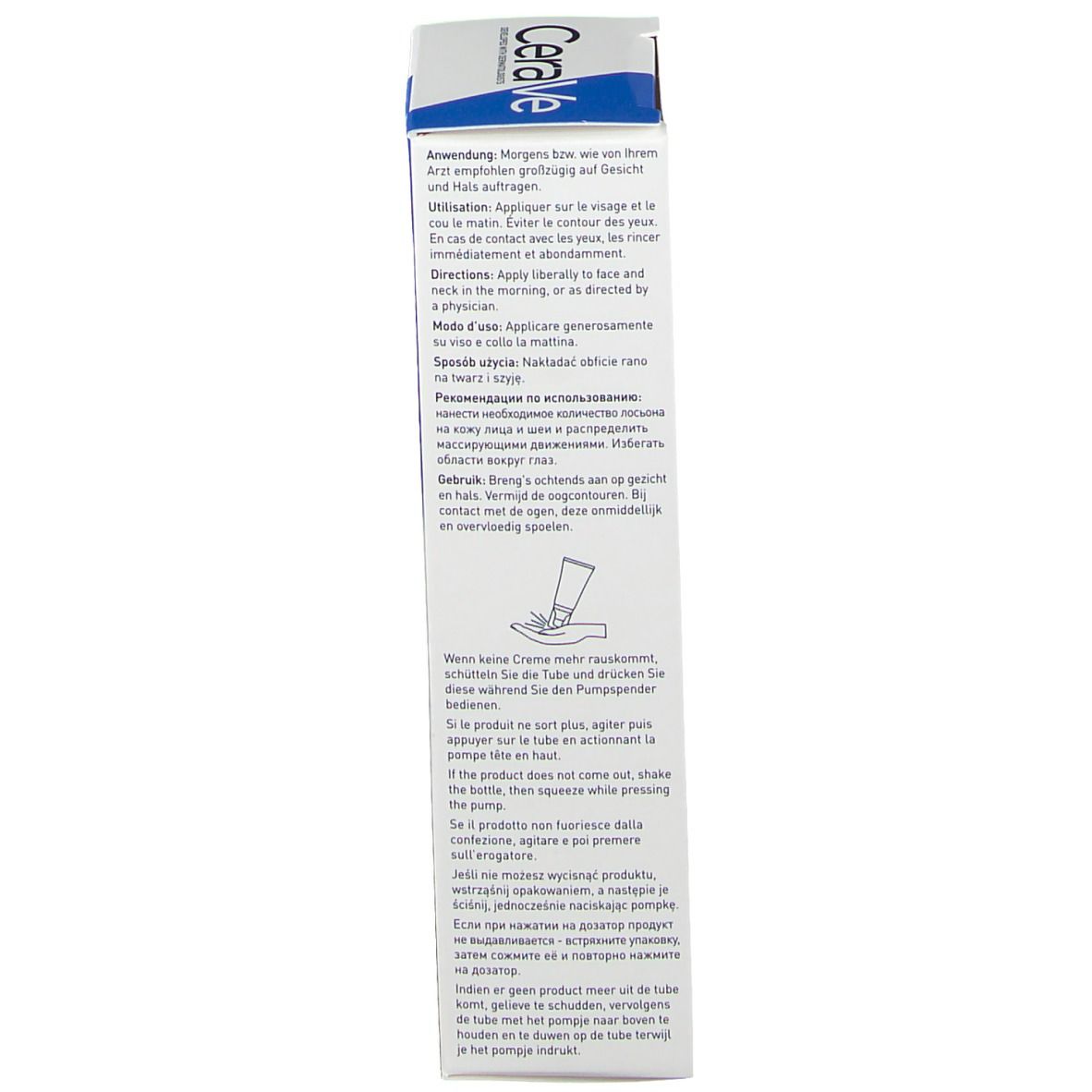 Emballage CeraVe Crème Hydratante Visage. Instructions en plusieurs langues. 52 ml.