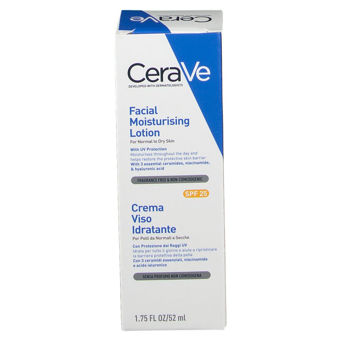 Emballage CeraVe Facial Moisturising Lotion. Contient SPF 25. Texte en anglais et italien. 52 ml.