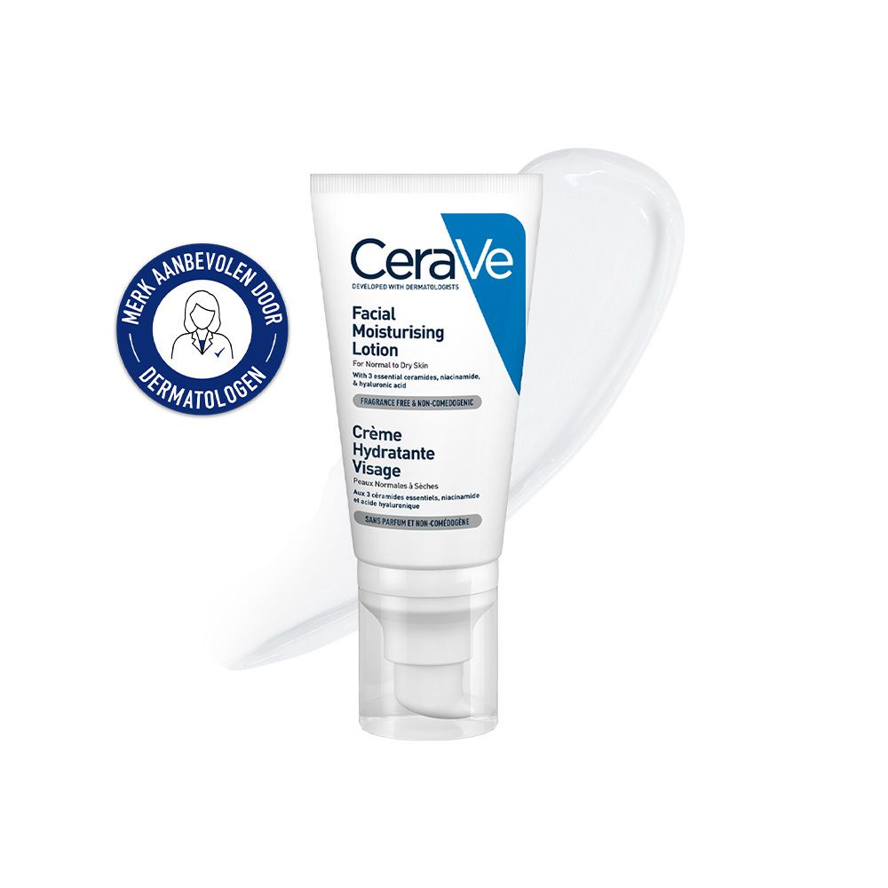 Witte tube met CeraVe-logo en tekst. Blauwe accenten. Dermatologen-zegel. Crème-uitloop.