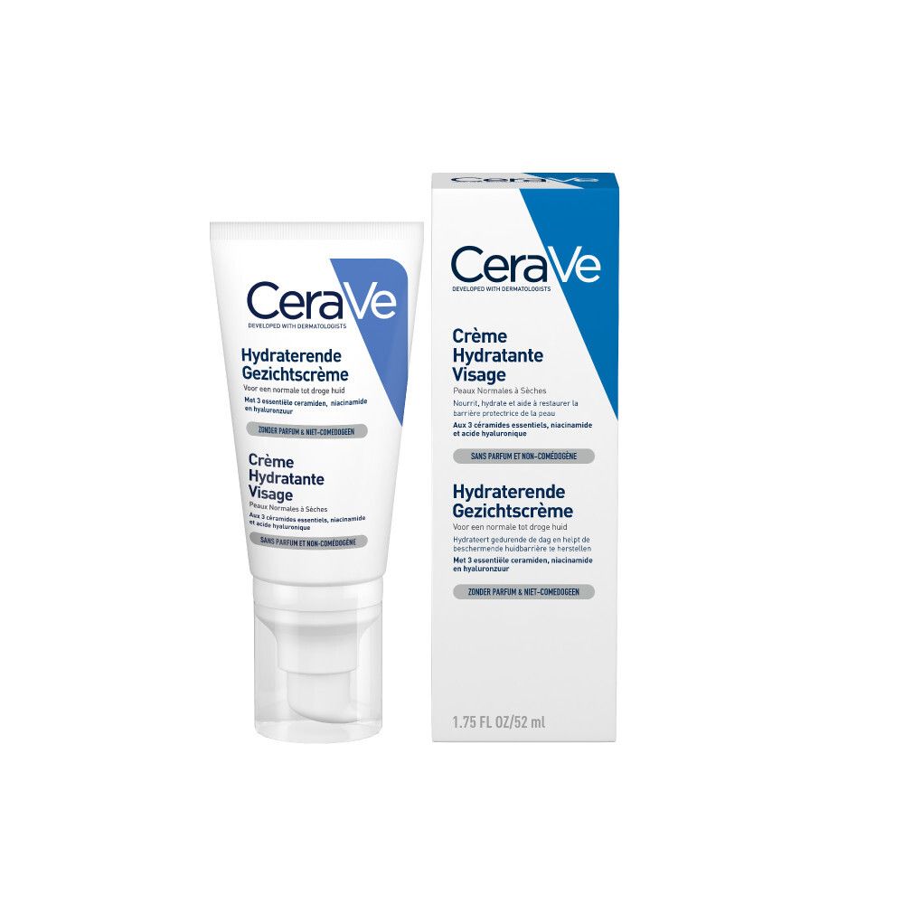 CeraVe tube en doos. Wit met blauw logo en tekst. Productnaam en ingrediënten.