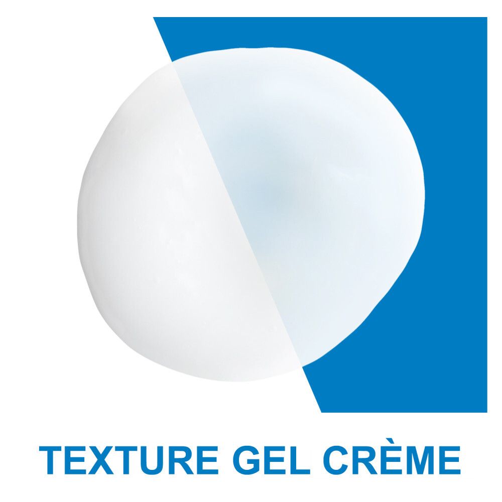 Gros plan texture crème blanche sur fond bleu. Texte: TEXTURE GEL CRÈME.