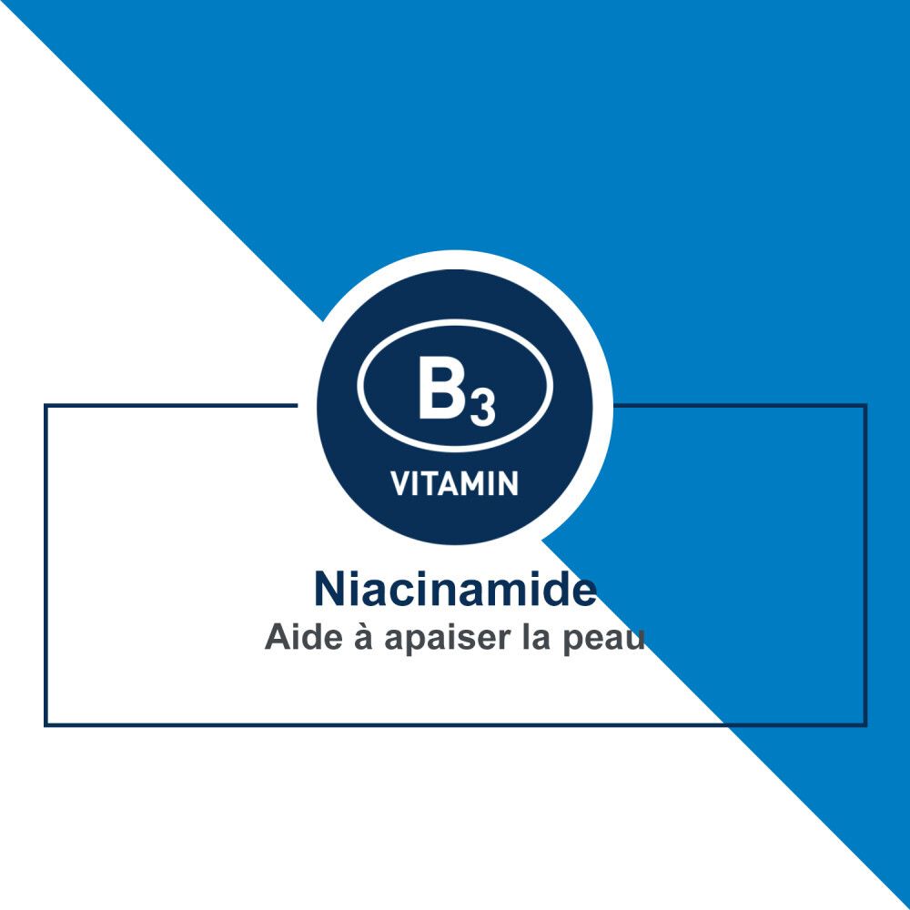 Fond bleu avec texte blanc et symbole vitamine B3. Texte: Niacinamide, aide à apaiser la peau.