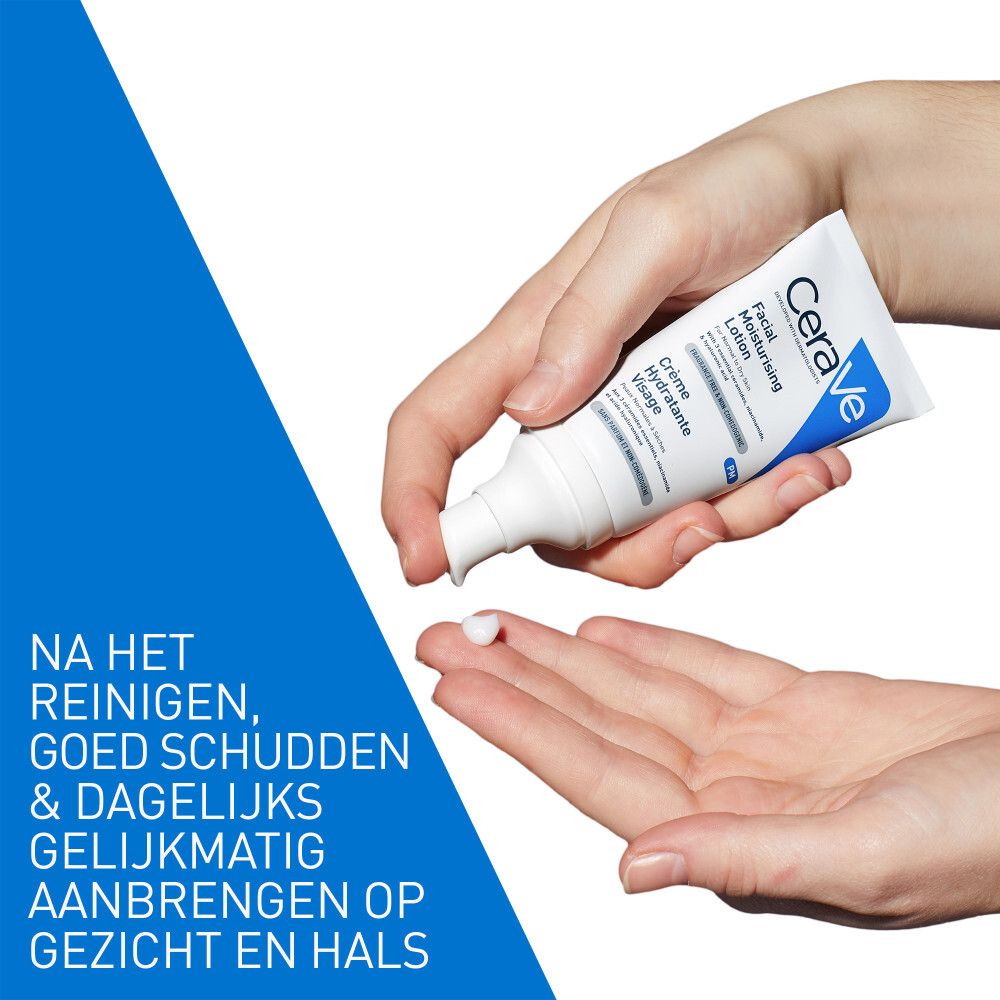 Handen houden tube en crème vast. Tekst: Na het reinigen, goed schudden en dagelijks aanbrengen op gezicht en hals.