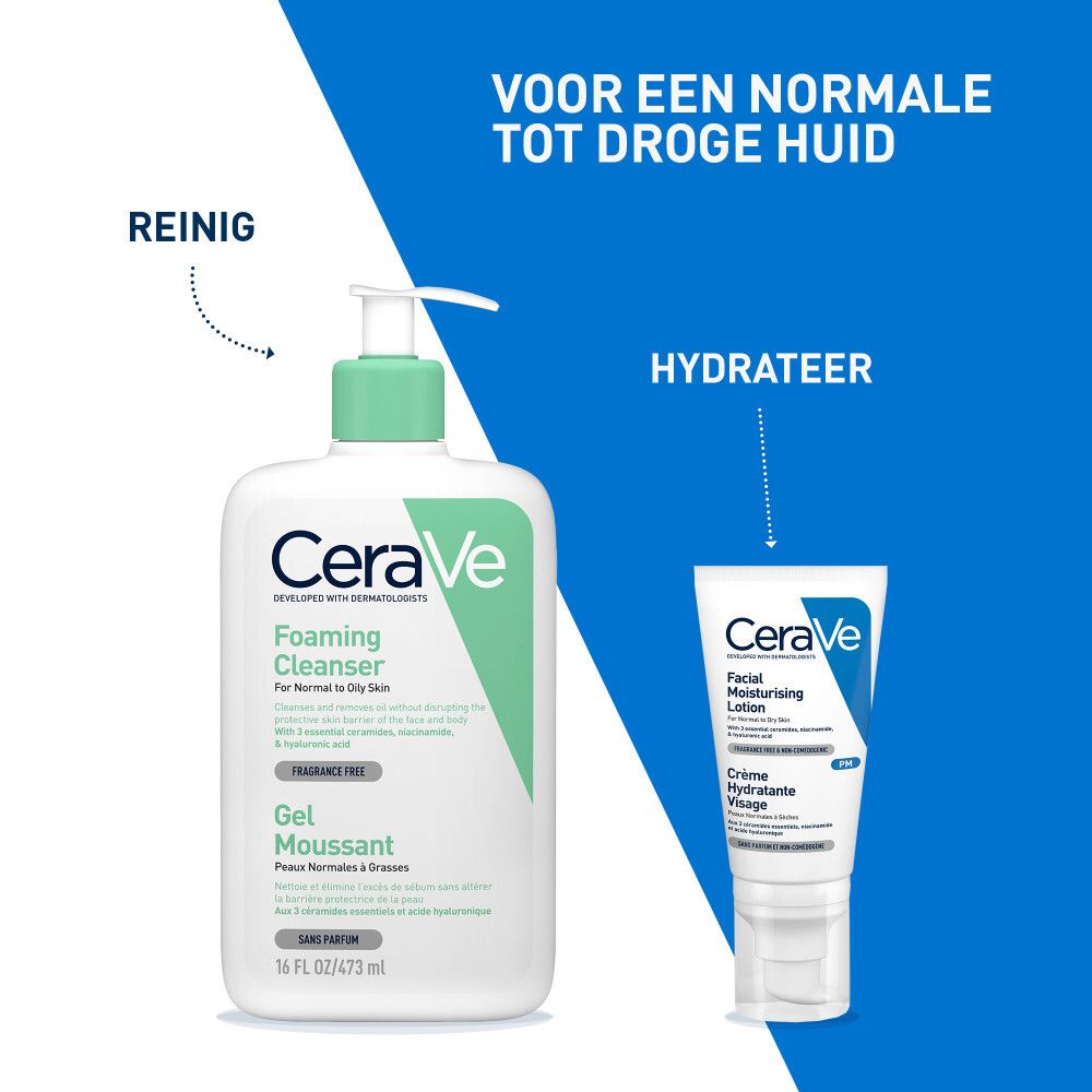 Reinigingsproduct en CeraVe tube. Tekst: Voor een normale tot droge huid. Reinigen en hydrateren.