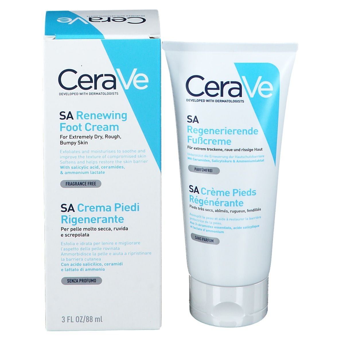 CeraVe SA voetcrème en verpakking. Wit, blauw design. Tekst: SA Renewing Foot Cream, SA Crema Piedi Rigenerante. 3 fl oz/88 ml.