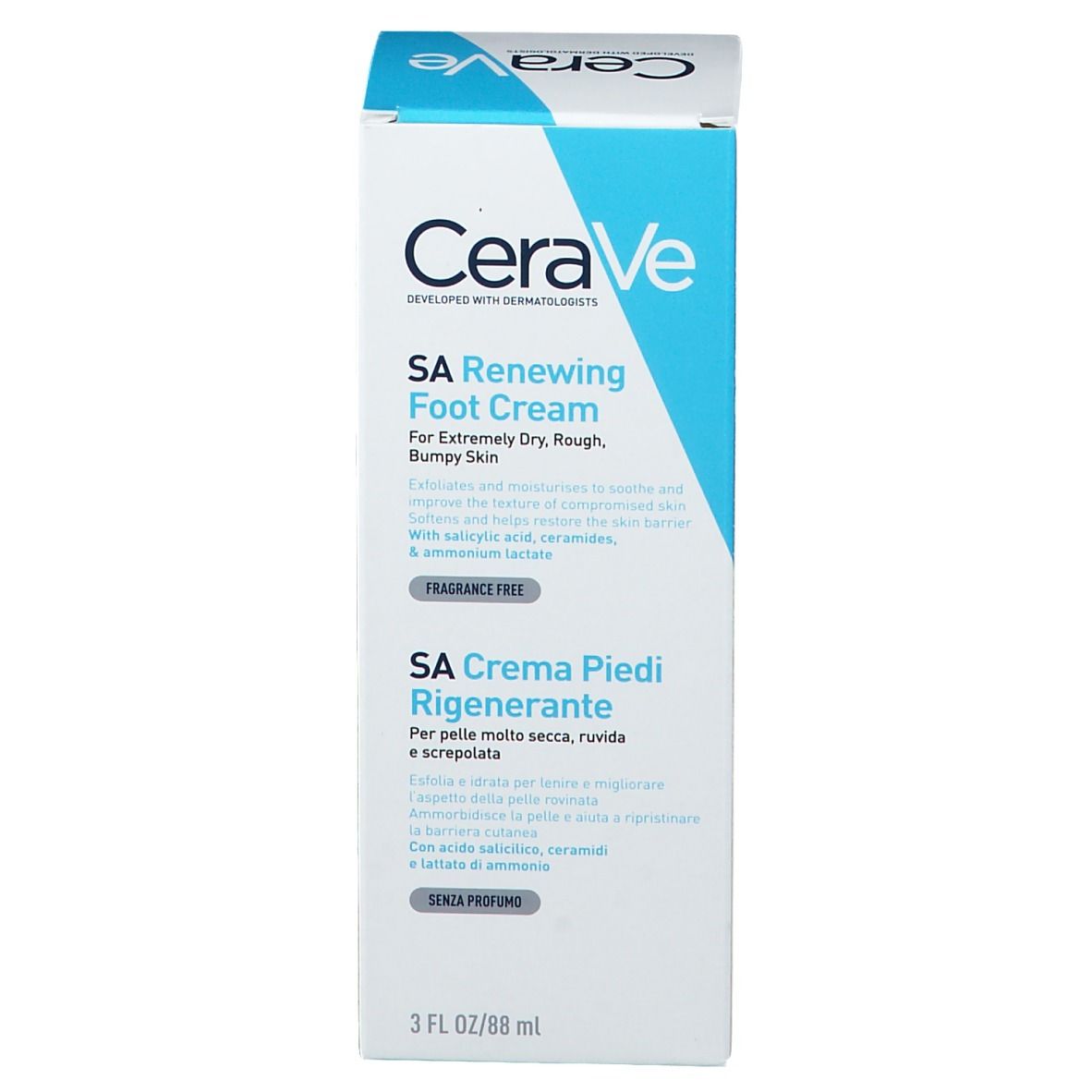 CeraVe SA voetcrème verpakking. Wit, blauw design. Tekst: SA Renewing Foot Cream, SA Crema Piedi Rigenerante. 3 fl oz/88 ml.