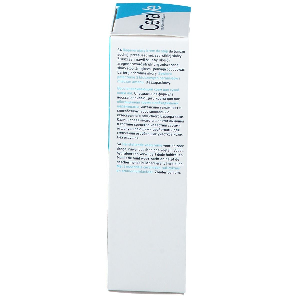 Zijkant van de CeraVe SA voetcrème verpakking. Tekst: Gebruiksaanwijzing, ingrediënten. Zonder parfum. 3 fl oz/88 ml.