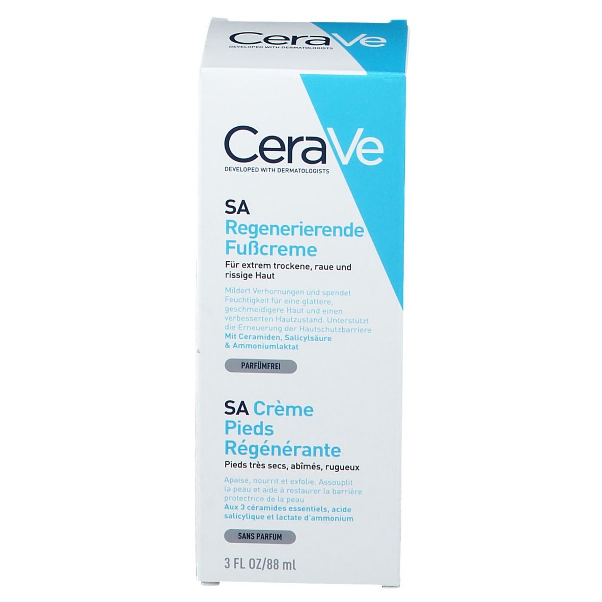 CeraVe SA voetcrème verpakking. Wit, blauw design. Tekst: SA Regenererende Voetcrème, parfumvrij. 3 fl oz/88 ml.
