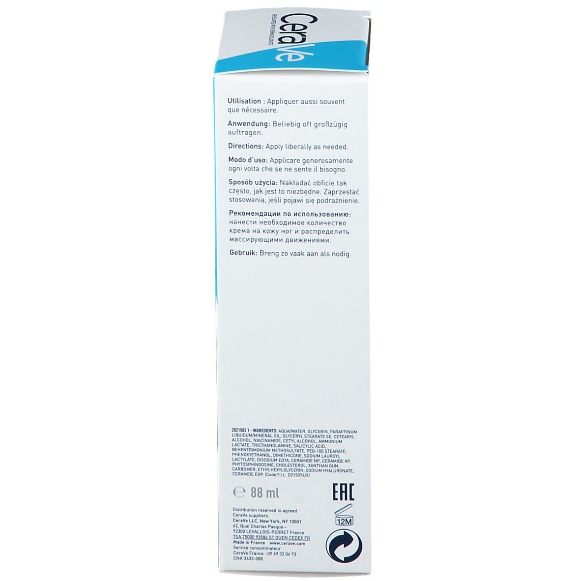 Achterkant van de CeraVe SA voetcrème verpakking. Tekst: Gebruik, ingrediënten. 88 ml. EAN-code. Recyclingsymbool.