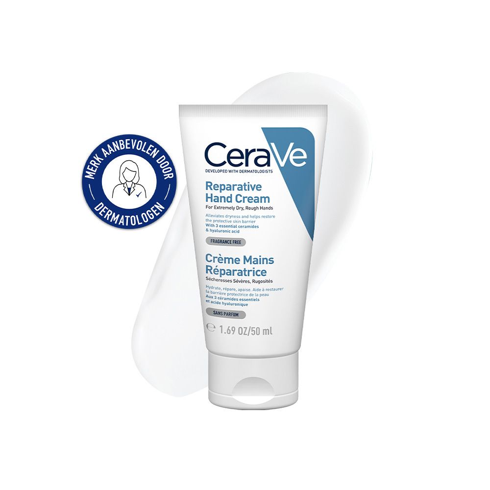 CeraVe handcrèmetube. Tekst: 'Reparative Hand Cream'. Keurmerk 'Aanbevolen door dermatologen'. Inhoud 50 ml.
