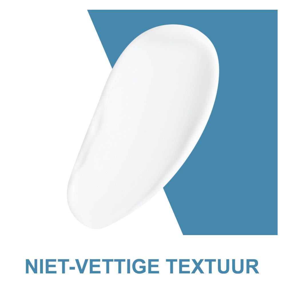 Witte crèmevlek op blauwe achtergrond. Tekst: 'NIET-VETTIGE TEXTUUR'.