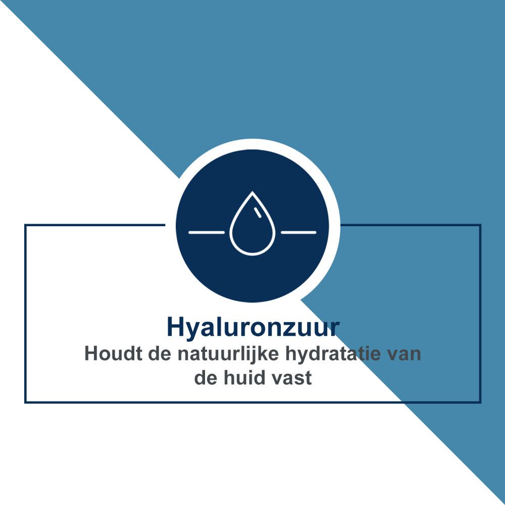Grafiek met waterdruppelsymbool. Tekst: 'Hyaluronzuur'. 'Houdt de natuurlijke hydratatie van de huid vast'.