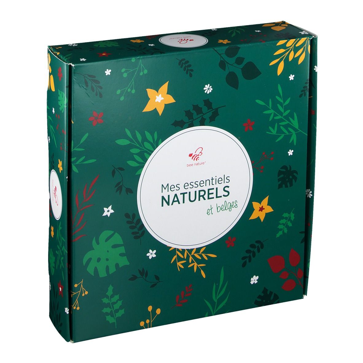 Coffret vert avec motif floral. Texte "Mes essentiels naturels et belges" dans un cercle blanc sur le devant.