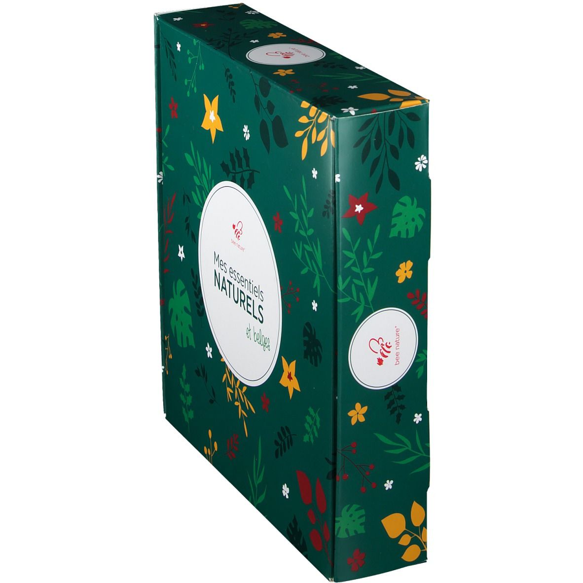 Coffret vert étroit avec motif floral. Texte "Mes essentiels naturels et belges" dans un cercle blanc sur le côté.