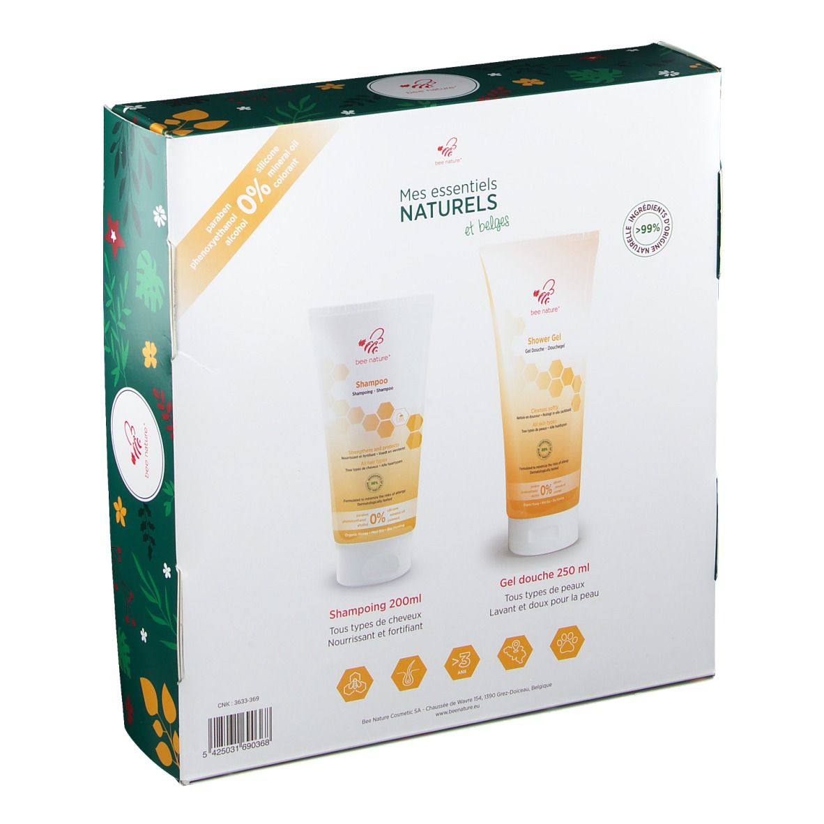 Dos du coffret avec deux tubes. Textes imprimés : "Shampooing 200ml" et "Gel douche 250 ml".