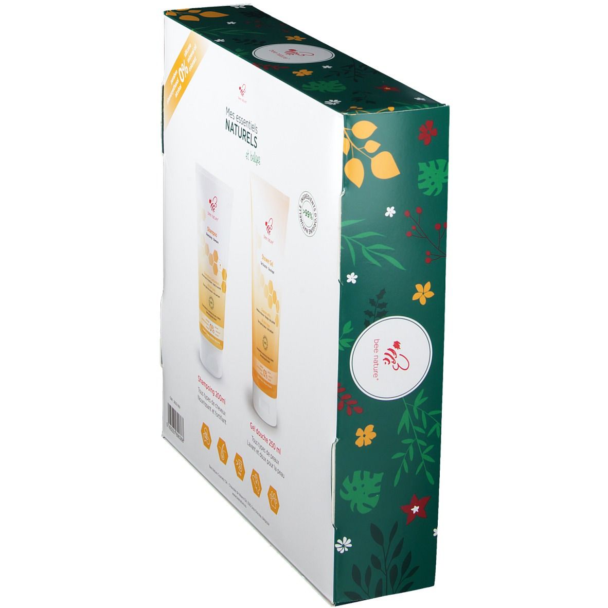 Vue en biais du coffret avec deux tubes. Textes imprimés : "Shampooing 200ml" et "Gel douche 250 ml".
