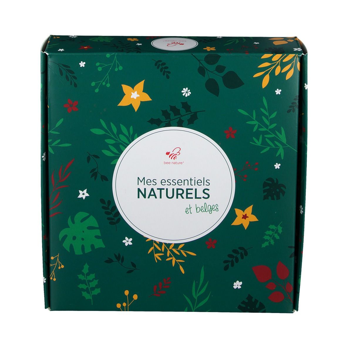 Coffret avec motif floral. Texte "Mes essentiels naturels et belges" dans un cercle blanc sur le devant.