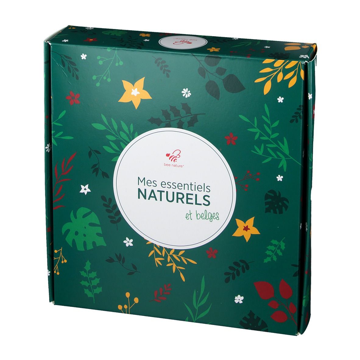 Coffret avec motif floral. Texte "Mes essentiels naturels et belges" dans un cercle blanc sur le devant.