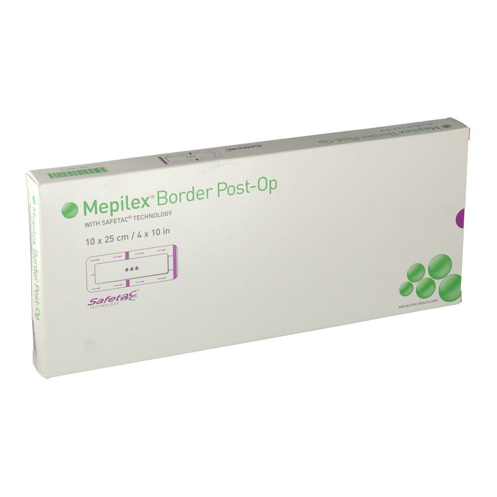 Confezione di Mepilex® Border Post-Op. Scritta: 10 x 25 cm / 4 x 10 pollici. Con tecnologia Safetac®. Colori verde e bianco.