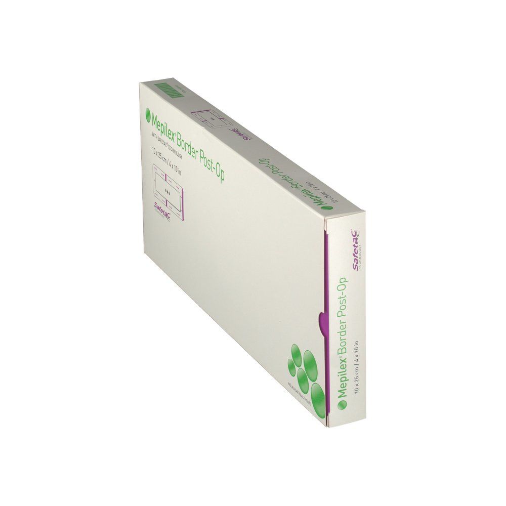 Confezione di Mepilex® Border Post-Op in diagonale. Scritta: 10 x 25 cm / 4 x 10 pollici. Con tecnologia Safetac®. Verde e bianco.