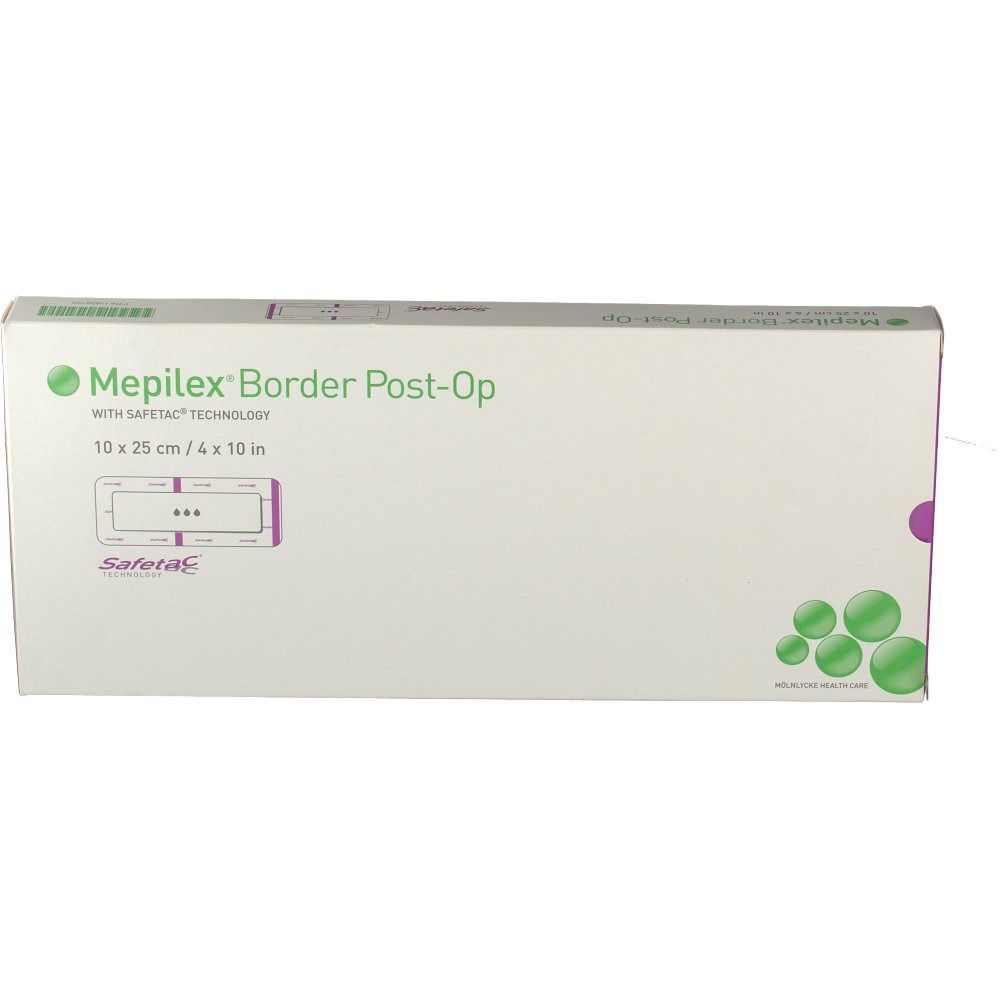 Fronte della confezione Mepilex® Border Post-Op. Scritta: 10 x 25 cm / 4 x 10 pollici. Con tecnologia Safetac®. Verde e bianco.