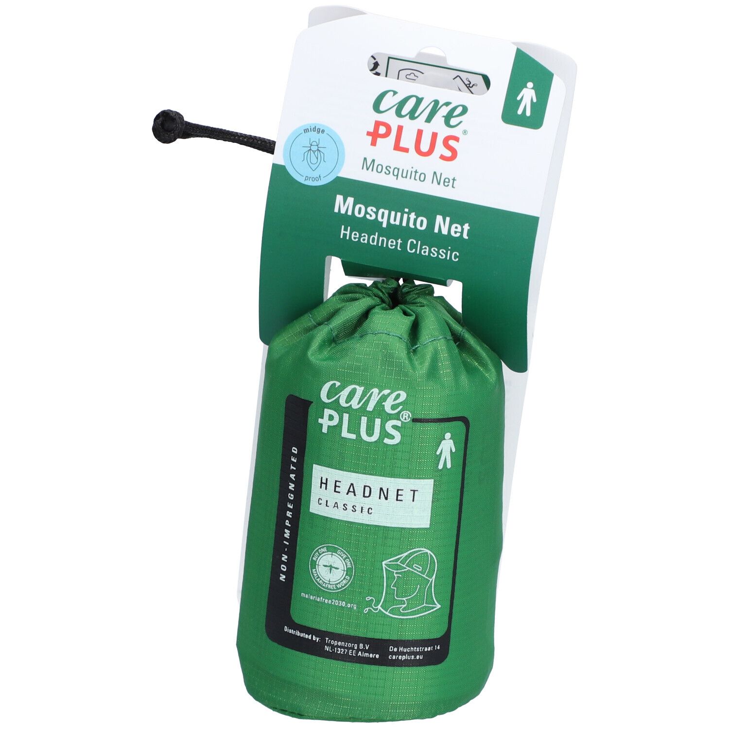 Groen carePlus® Headnet Classic muggennet in verpakking. Met trekkoord. Opschrift: carePlus, Mosquito Net, Headnet Classic.