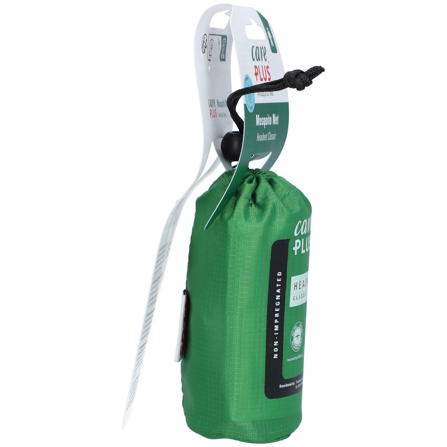 Groen carePlus® Headnet Classic muggennet in verpakking. Zijaanzicht. Met trekkoord. Opschrift: carePlus, Mosquito Net, Headnet Classic.