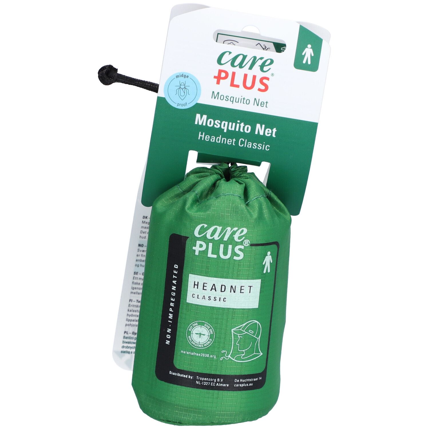 Groen carePlus® Headnet Classic muggennet in verpakking. Met trekkoord. Opschrift: carePlus, Mosquito Net, Headnet Classic.