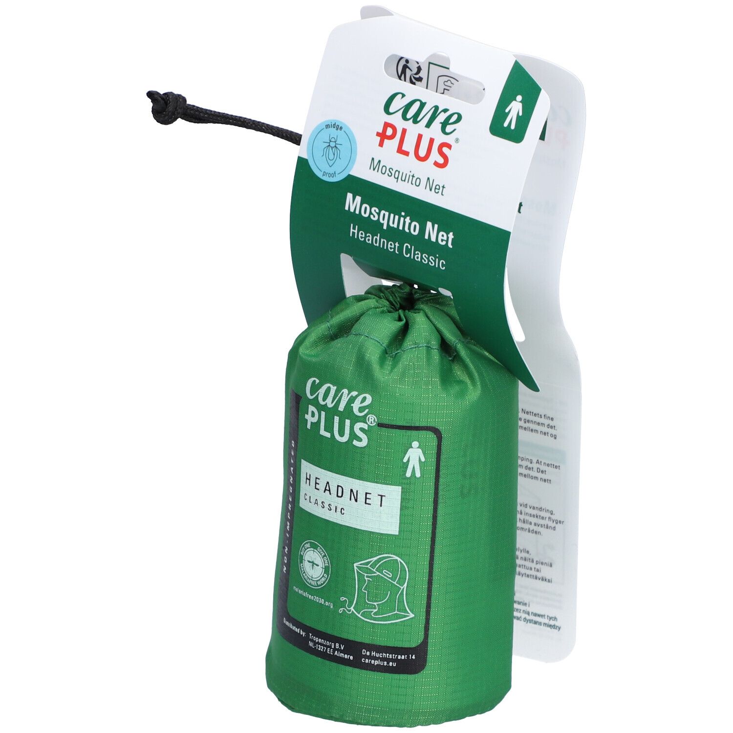 Groen carePlus® Headnet Classic muggennet in verpakking. Met trekkoord. Opschrift: carePlus, Mosquito Net, Headnet Classic.