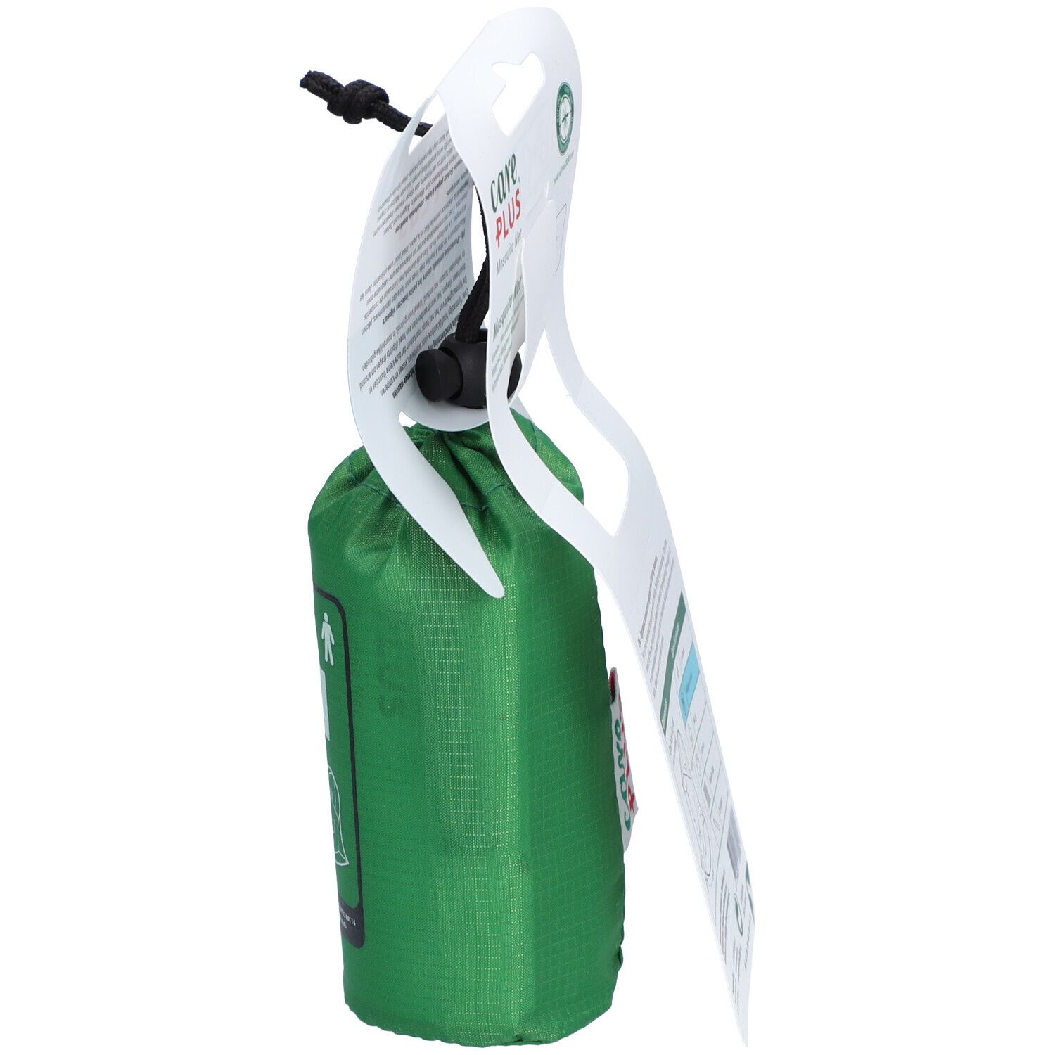 Groen carePlus® Headnet Classic muggennet in verpakking. Zijaanzicht. Met trekkoord. Opschrift: carePlus.