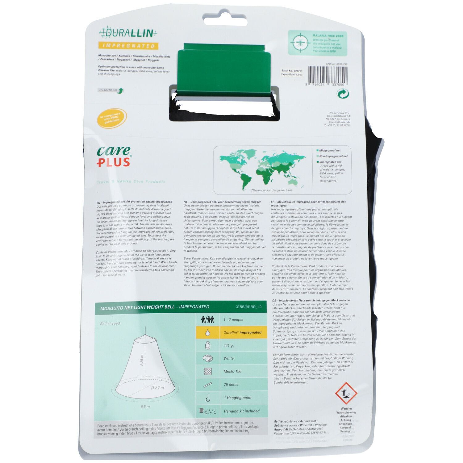 Dos de l'emballage. Texte en plusieurs langues. Illustration du produit. Carte du monde avec zones vertes. Informations sur l'imprégnation.