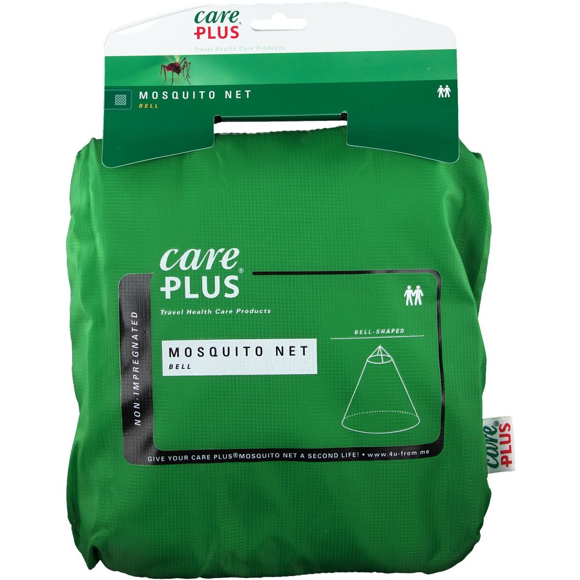 Groene tas met klamboe. Opschrift: Care Plus Mosquito Net Bell. Niet geïmpregneerd. Met handvat.