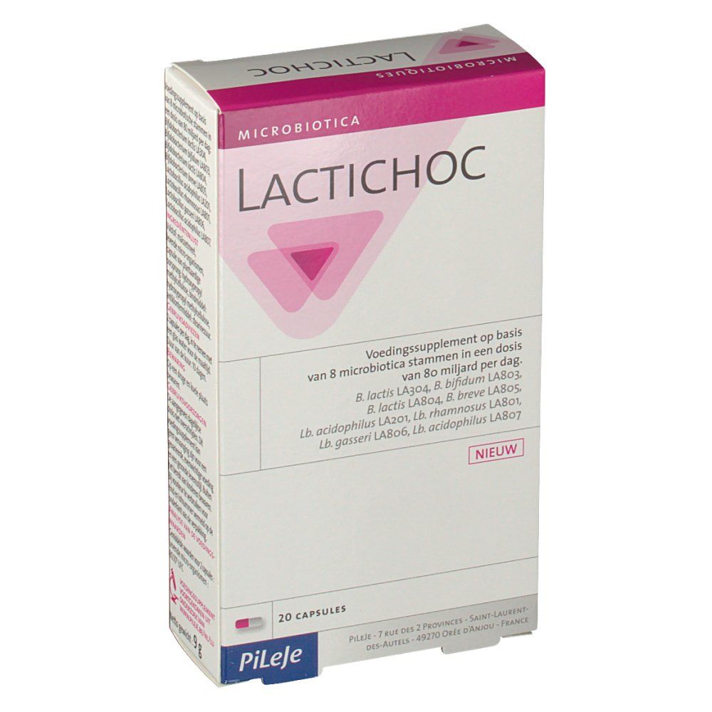 Boîte de gélules Lactichoc. Emballage rose et blanc avec nom et logo du produit. Contient 20 gélules.