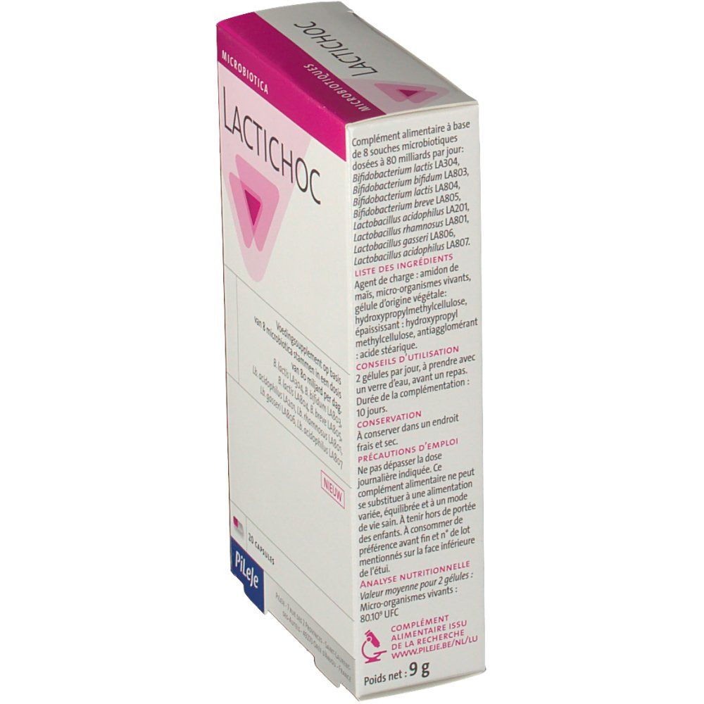 Boîte Lactichoc, vue latérale. Emballage rose et blanc avec texte et logo. Contient des informations sur les ingrédients et l'utilisation.